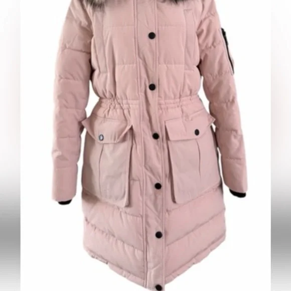 BCBGMaxAzria Pink Hooded Puffer Black Details Winter Coat Jacket XS - Picture 4 of 16